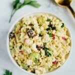 A serving of vegan chicken salad in a white bowl.
