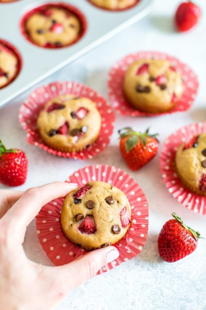 Hand picking up a strawberry protein muffin with chocolate chips. More muffins and strawberries are in the background along with a muffin tin. Muffins are topped with strawberries and chocolate chips.