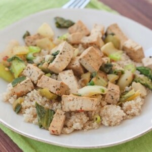 Tofu bok choy stir fry served over quinoa.