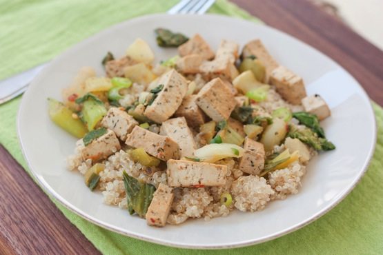 Tofu bok choy stir fry served over quinoa.