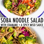 Bowl of soba noodle salad made with edamame, peppers, and broccoli.