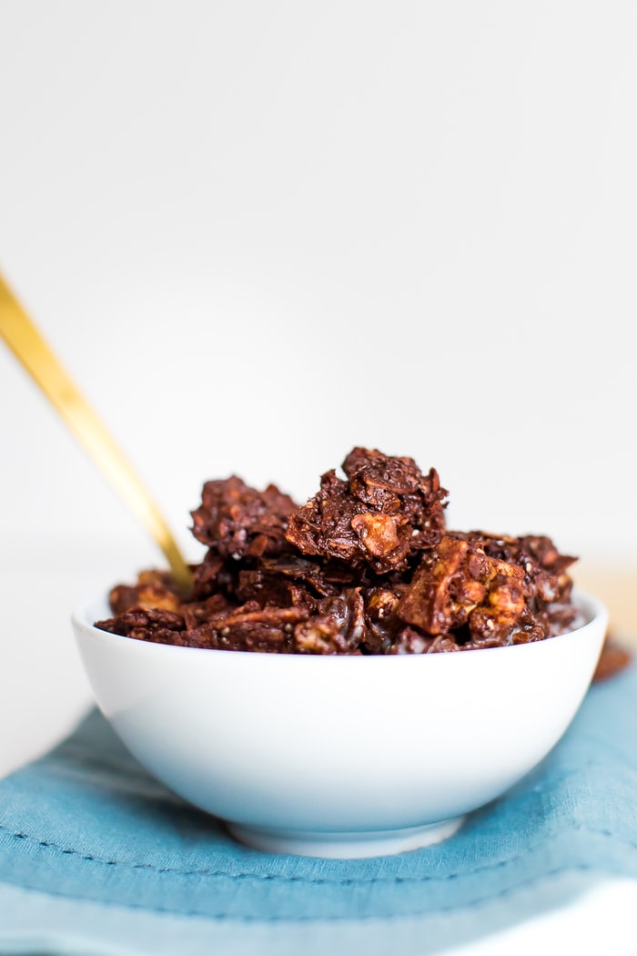 PIN THIS --> Chocolate Grain-Free Granola Chocolate, grain-free granola with cocoa, coconut flakes and nuts in a bowl with a gold spoon.