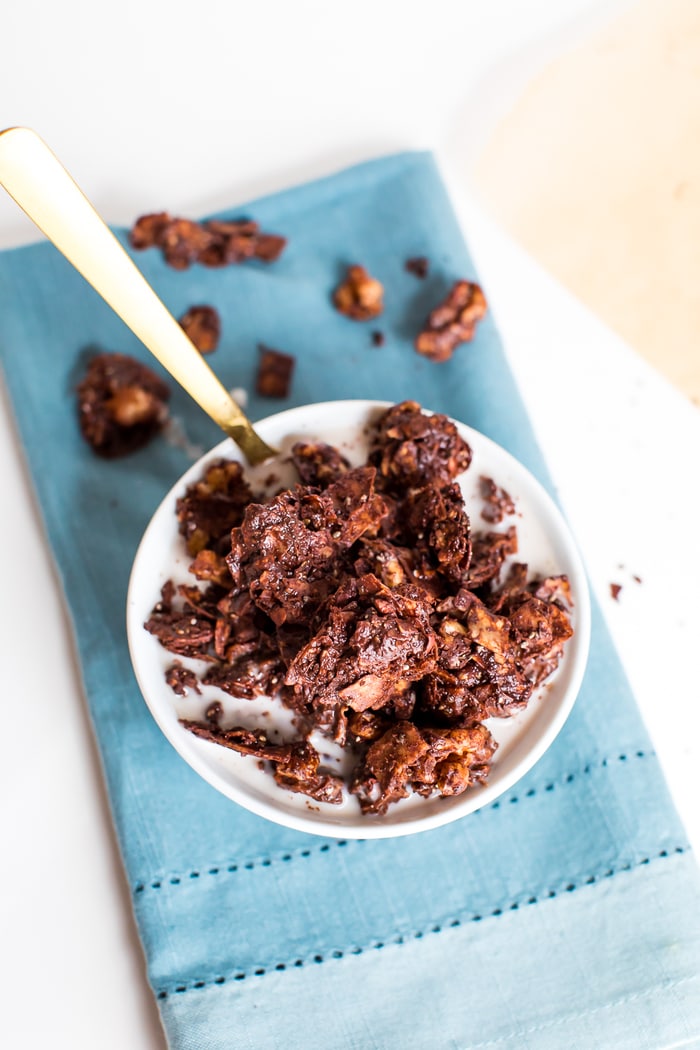PIN THIS --> Chocolate Grain-Free Granola Chocolate, grain-free granola with cocoa, coconut flakes and nuts in a bowl with milk and a gold spoon.
