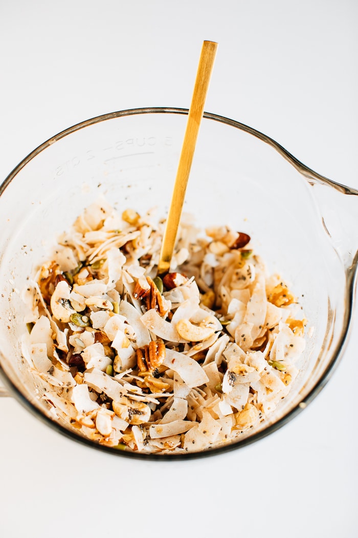 Making grain free granola. All the granola in a bowl after stirring.