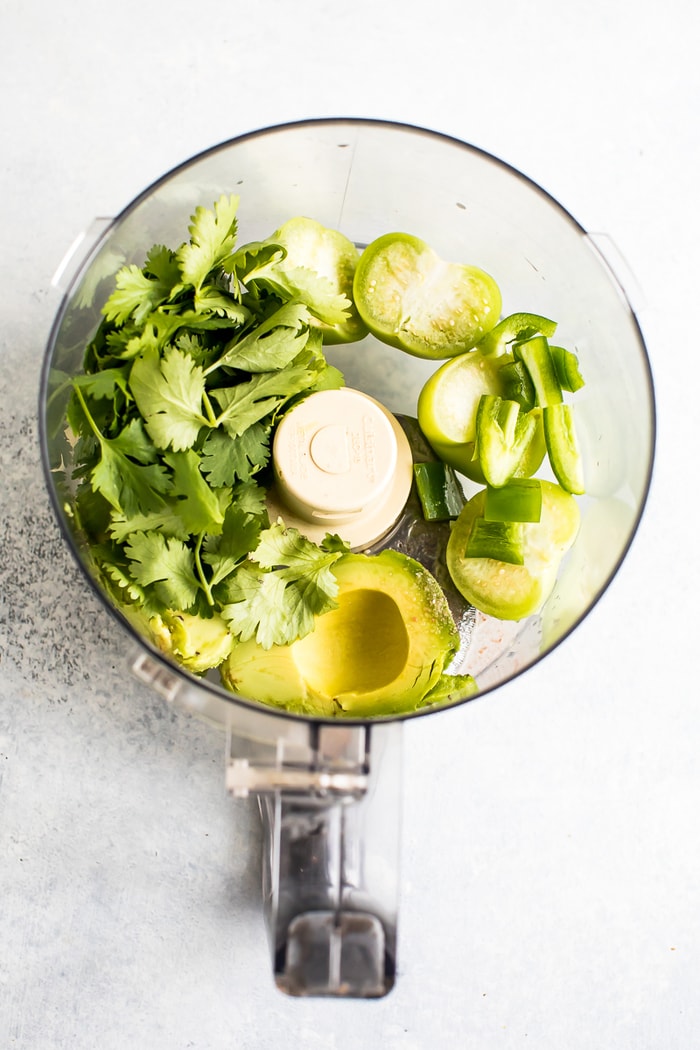 PIN THIS --> Chopt Mexican Goddess Dressing Recipe Chopt Mexican Goddess salad dressing ingredient in a blender, tomatillos, avocado and cilantro.