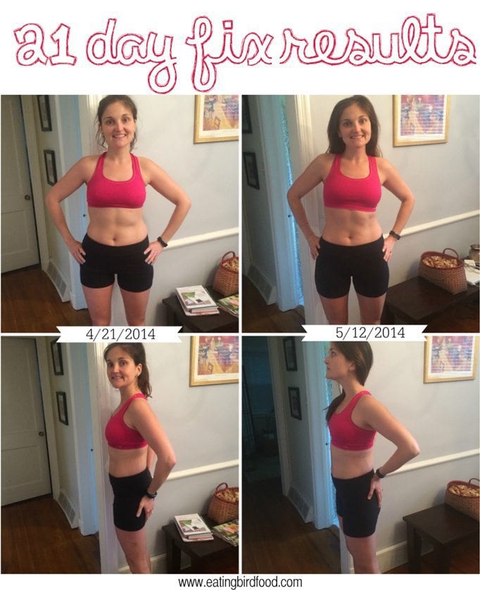 Pin this image to save my review of the 21 Day Fix for later! 21 day fix results: Two before and after images - front and side facing in red sports bra and black shorts