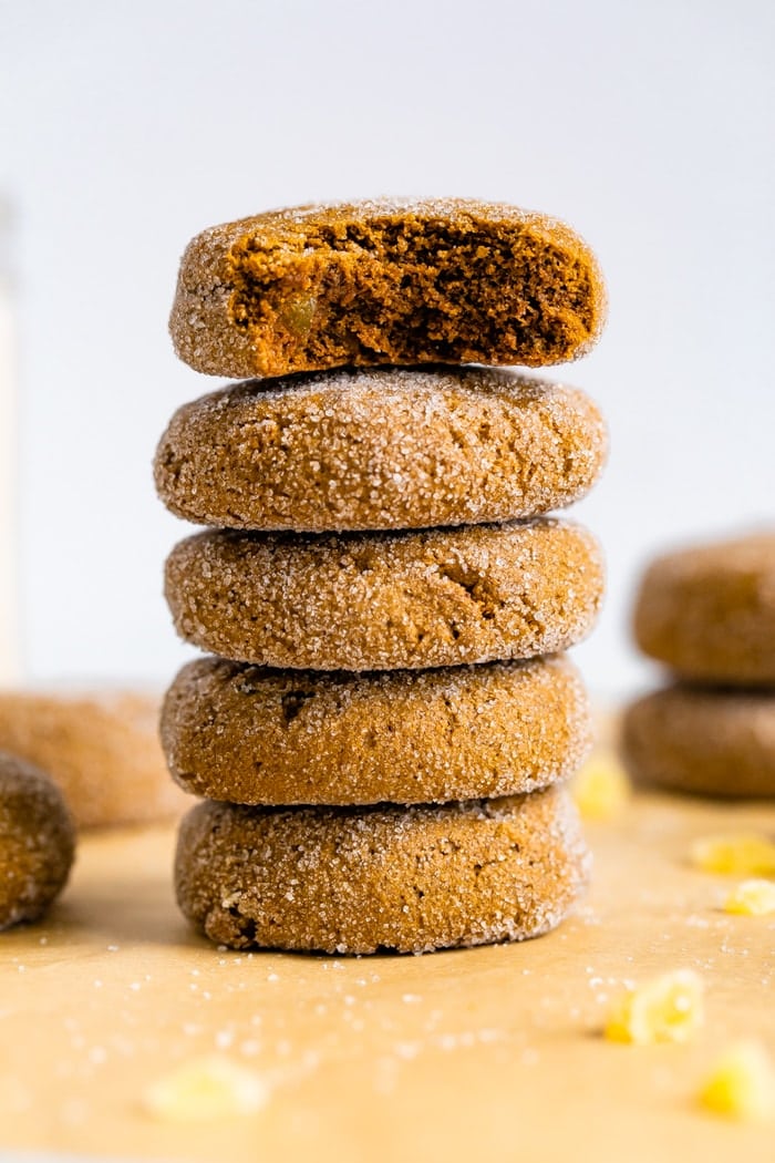 Stack of gingersnap cookies Stack of gingersnap cookies. The top one has a bite taken out of it.