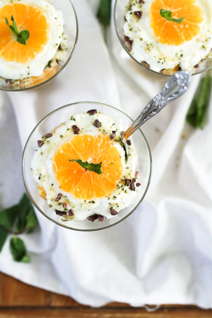 Clementine Greek Yogurt Parfaits Overhead photo of clementine greek yogurt parfait.