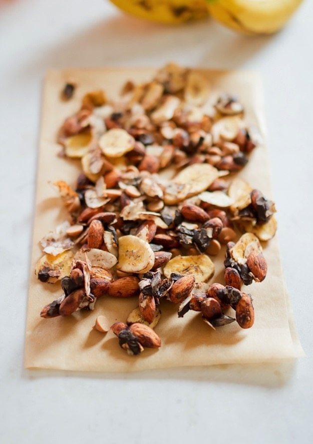 PIN THIS --> Chunky Monkey Trail Mix Chunky Monkey Trail Mix with roasted almonds and toasted coconut, dark chocolate, peanut butter and banana chips.
