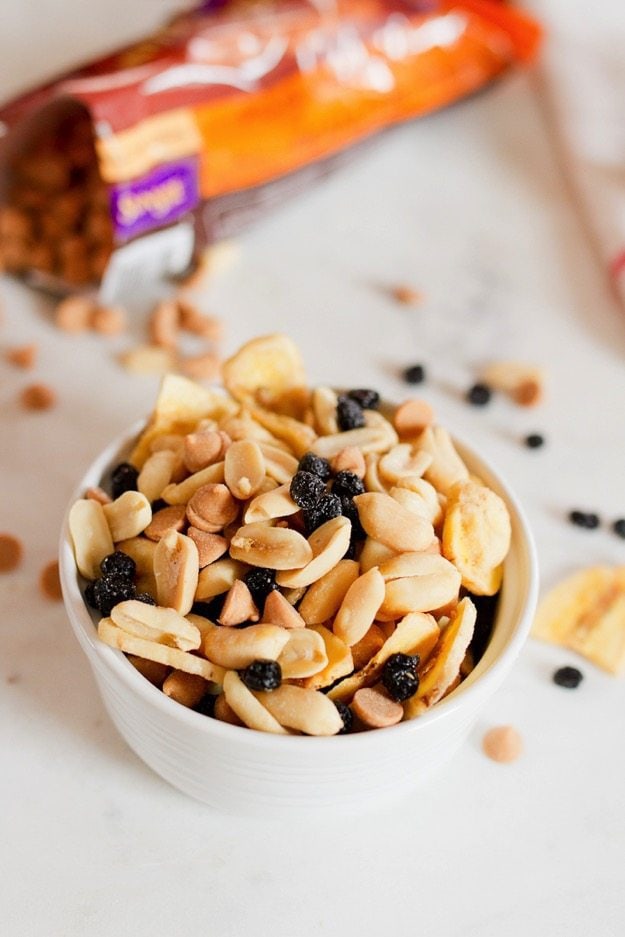 Sweet and salty trail mix with a blend of crunchy peanuts, dried blueberries, peanut butter chips and dried banana chips. Sweet and salty trail mix with a blend of crunchy peanuts, dried blueberries, peanut butter chips and dried banana chips.