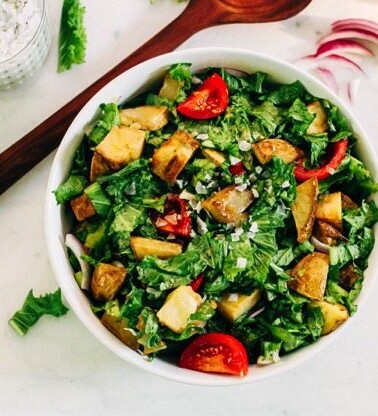 Mustard Greens Salad with Roasted Potatoes and Tomatoes