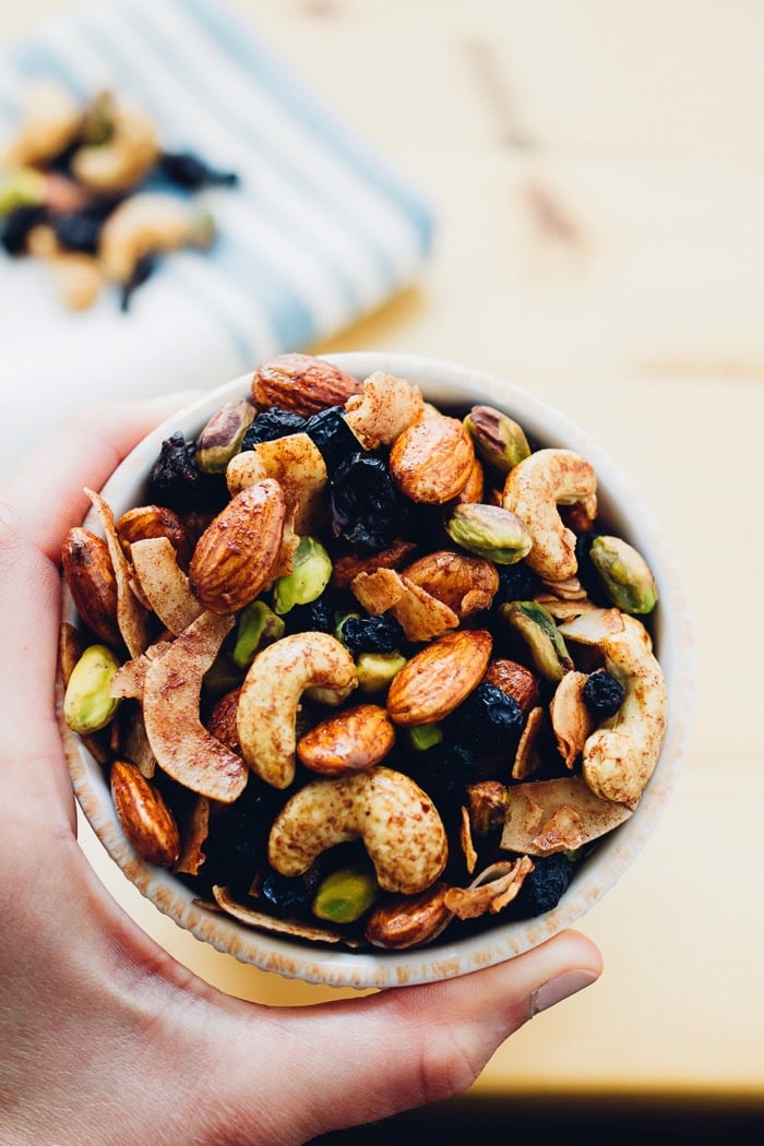 A delicious Breakfast Trail Mix with maple cinnamon roasted nuts, coconut flakes and dried berries. Perfect for eating on its own or as a topping for yogurt or oatmeal. A delicious Breakfast Trail Mix with maple cinnamon roasted nuts, coconut flakes and dried berries. Perfect for eating on its own or as a topping for yogurt or oatmeal.