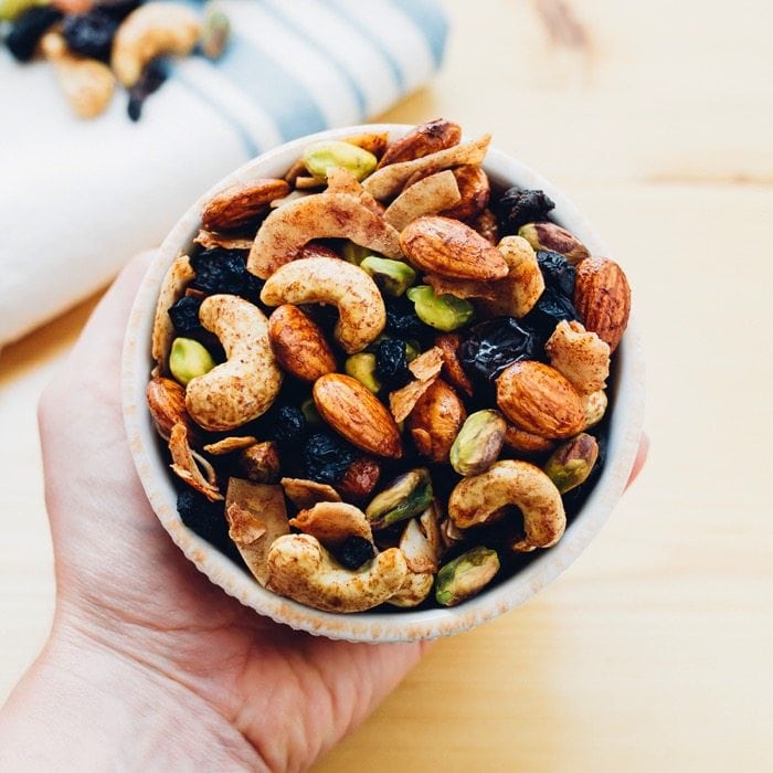 A delicious Breakfast Trail Mix with maple cinnamon roasted nuts, coconut flakes and dried berries. Perfect for eating on its own or as a topping for yogurt or oatmeal. A delicious Breakfast Trail Mix with maple cinnamon roasted nuts, coconut flakes and dried berries. Perfect for eating on its own or as a topping for yogurt and oatmeal.