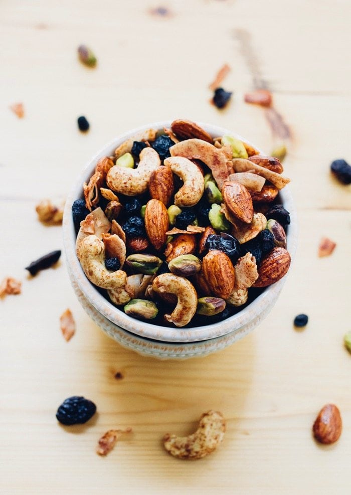 A delicious Breakfast Trail Mix with maple cinnamon roasted nuts, coconut flakes and dried berries. Perfect for eating on its own or as a topping for yogurt or oatmeal. A delicious Breakfast Trail Mix with maple cinnamon roasted nuts, coconut flakes and dried berries. Perfect for eating on its own or as a topping for yogurt or oatmeal.