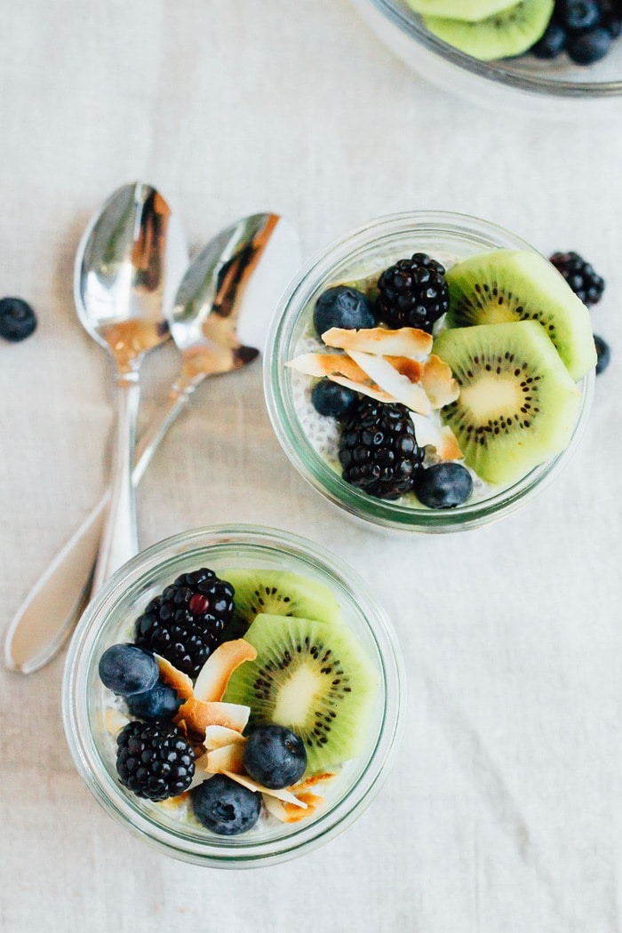 This Kiwi Chia Pudding Parfait is a unique way to enjoy fresh kiwi. The combo of chia seed pudding and kiwi puree makes for a healthy breakfast or snack that’s filling and delicious. Kiwi chia pudding topped with kiwi slices, fresh blackberries, fresh blueberries and toasted coconut.
