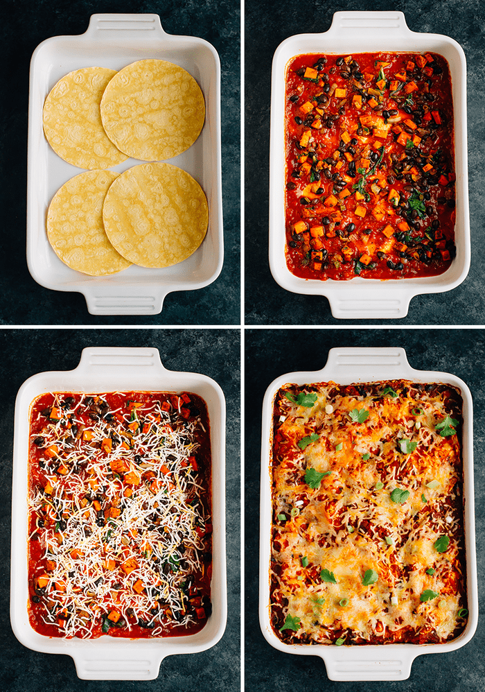 A healthy make-ahead dish the whole family will love, this sweet potato black bean enchilada bake is layered with tortillas, sweet potatoes, black beans, cheese and a homemade enchilada sauce. Vegetarian, gluten-free and absolutely delicious! A series of the steps to make an enchilada bake.