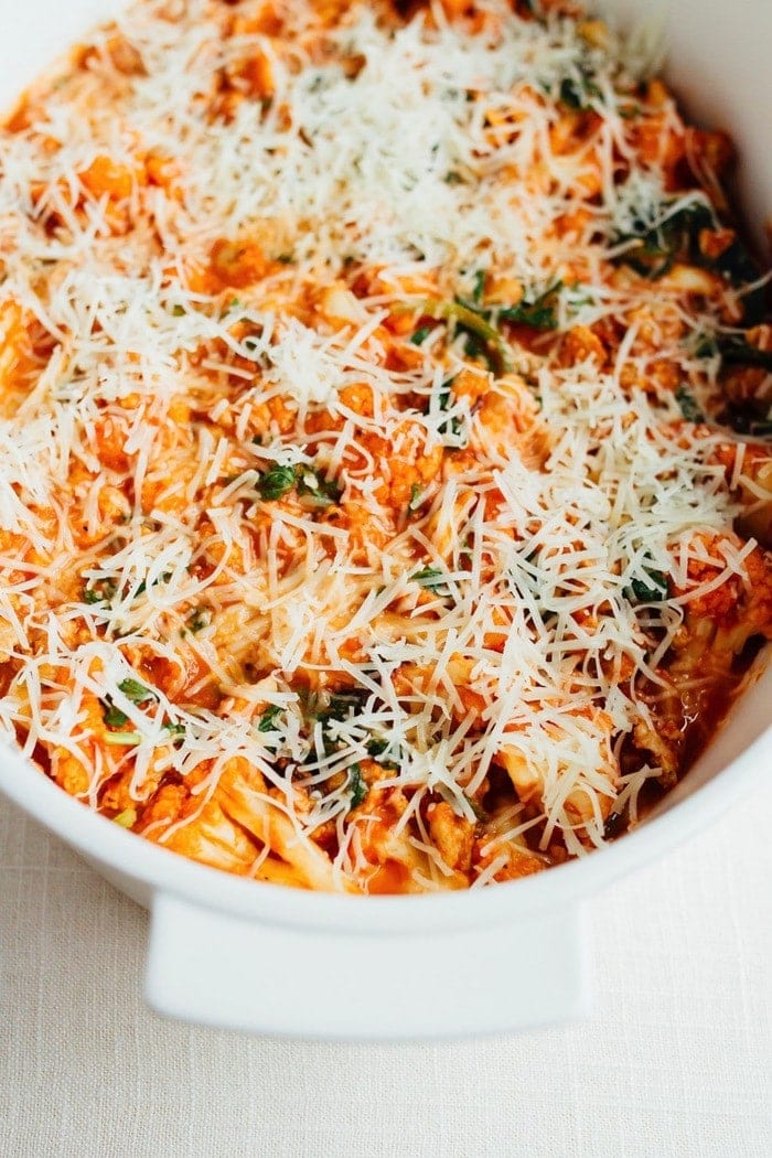Cauliflower-Baked-Ziti-Uncooked.jpg Cauliflower Baked Ziti Uncooked in a baking dish topped with cheese.