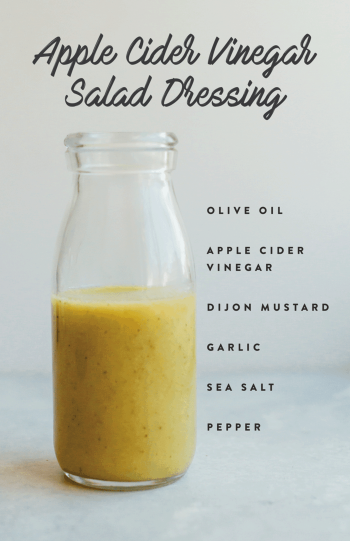 PIN THIS --> Apple Cider Vinegar Salad Dressing Healthy homemade salad dressing in a glass jar with ingredients listed down the side of the image.