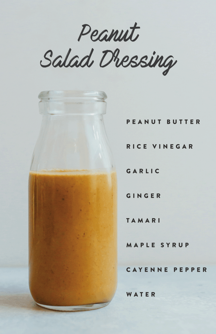PIN THIS --> Peanut Salad Dressing Healthy homemade Peanut Salad Dressing in a glass jar with ingredients listed down the side of the image.