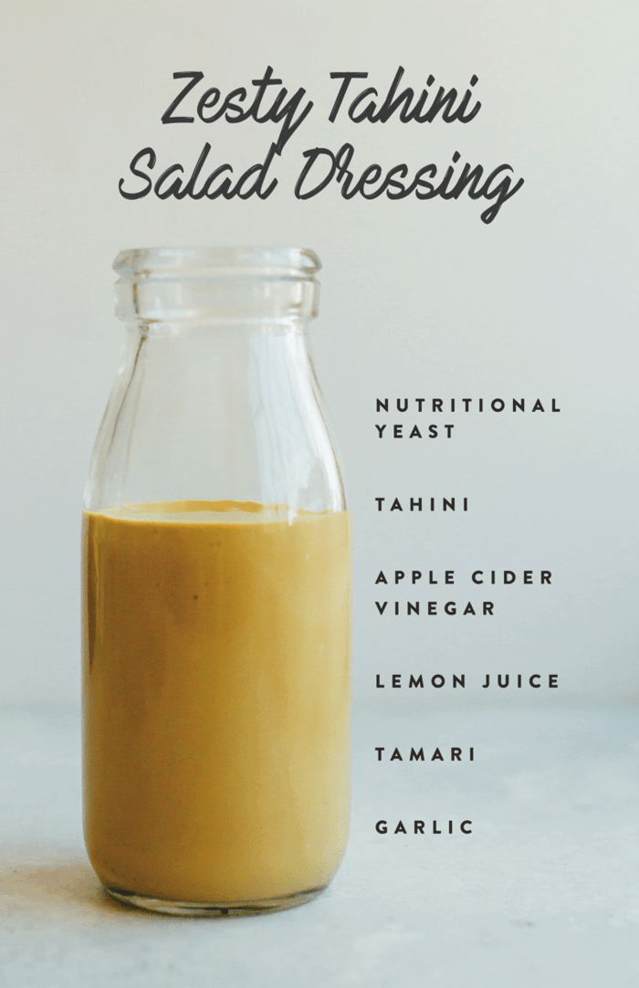 PIN THIS --> Zesty Tahini Salad Dressing Zesty tahini salad dressing in a glass jar with ingredient text on the side.