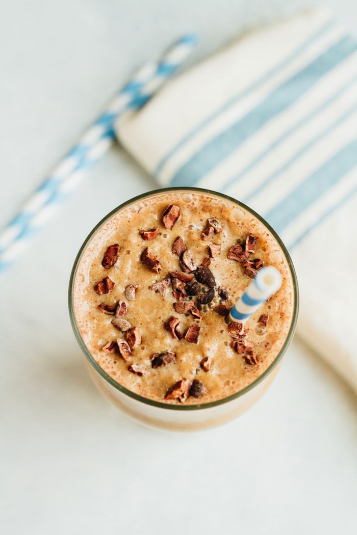 Malted Chocolate Cauliflower Smoothie -- The frozen cauliflower makes it thick and creamy without any added sugar or fruit. Malted Chocolate Cauliflower Smoothie -- The frozen cauliflower makes it thick and creamy without any added sugar or fruit.