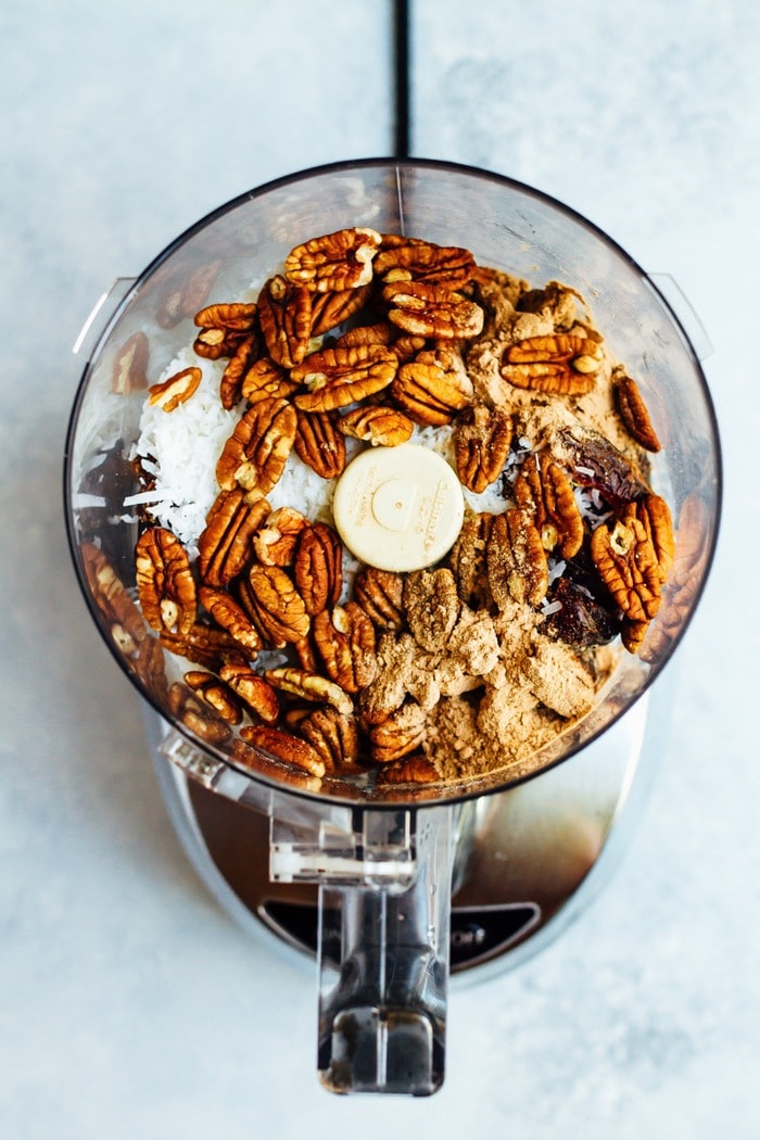 Overhead photo of German Chocolate Energy Bites with Pecans ingredients in food processor.