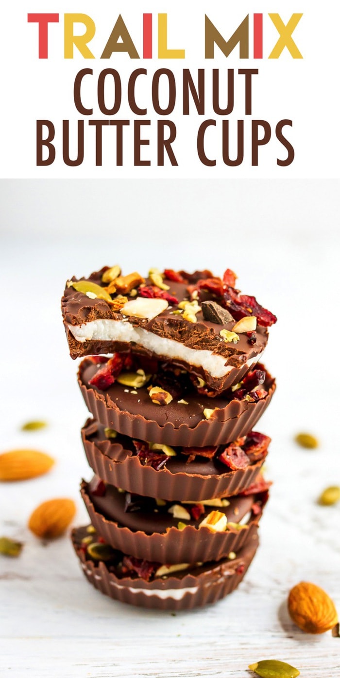 Easy 4-ingredient trail mix coconut butter cups that are vegan, gluten-free and paleo-friendly. Coconut cups pin