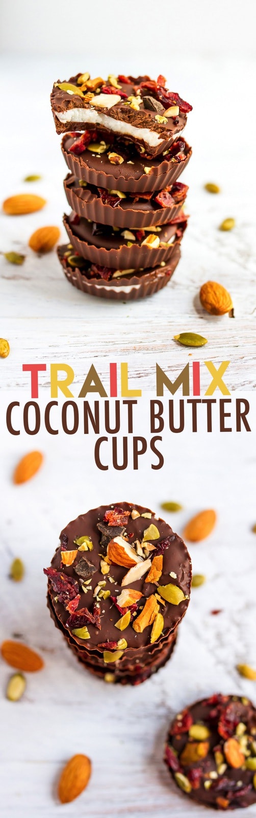 Easy homemade trail mix coconut butter cups that are vegan, gluten-free and paleo-friendly. Easy 4-ingredient trail mix coconut butter cups that are vegan, gluten-free and paleo-friendly.