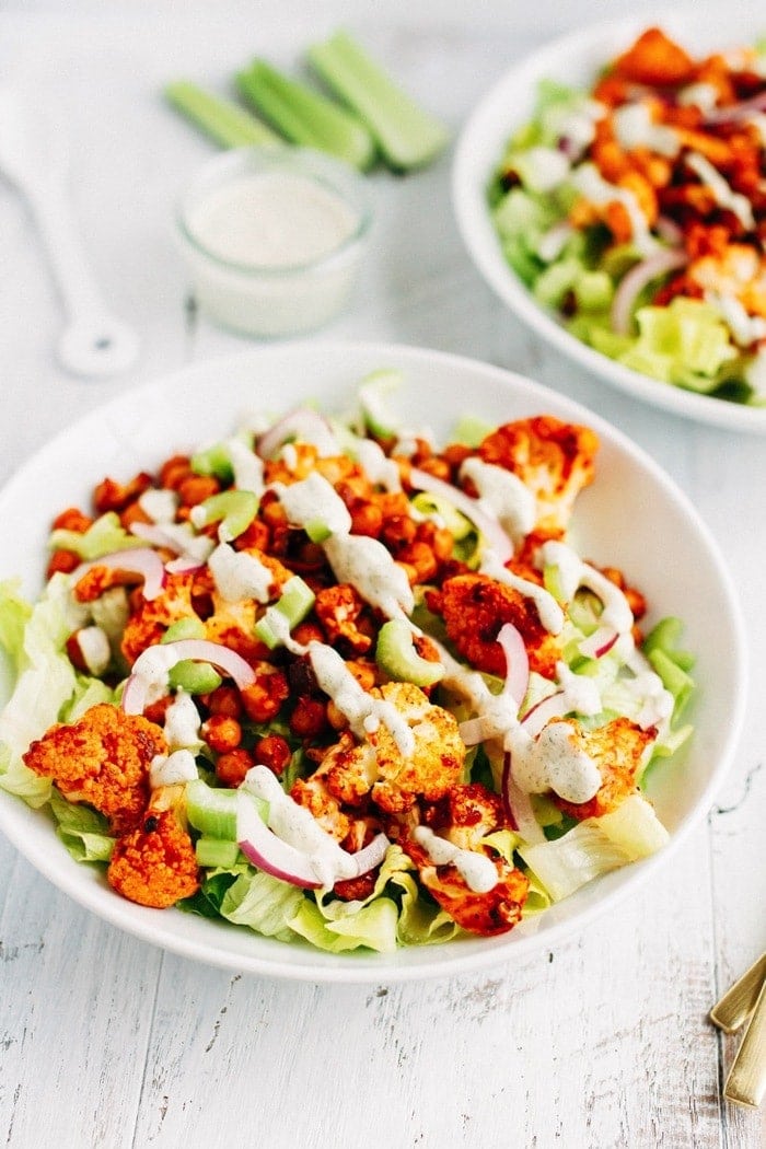 VEAGN Buffalo Cauliflower Salad with Creamy Cashew Ranch Dressing VEGAN Buffalo Cauliflower Salad with Creamy Cashew Ranch Dressing