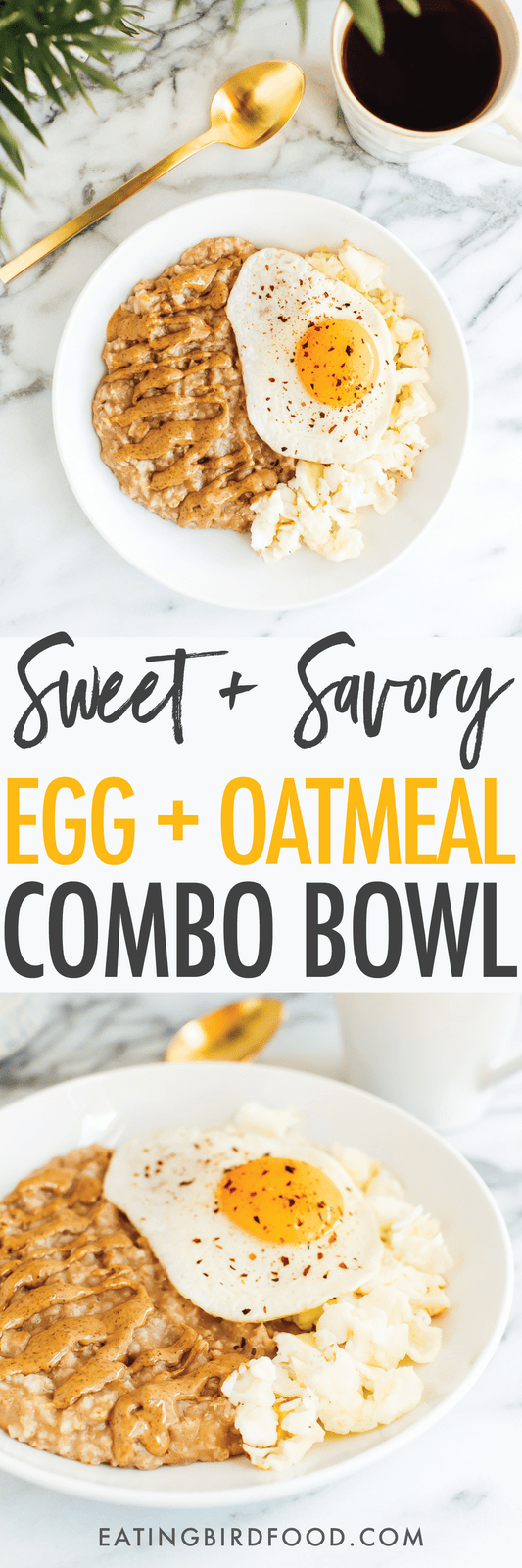 Having eggs and oats for breakfast? Put them in one bowl for a sweet + savory egg and oatmeal bowl that offers the perfect balance of protein, carbs and fat! Added bonus, there's only one serving dish to wash! Having eggs and oats for breakfast? Put them in one bowl for a sweet + savory egg and oatmeal bowl that offers the perfect balance of protein, carbs and fat! Added bonus, there's only one serving dish to wash!