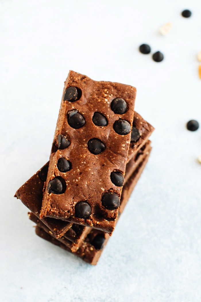 Pin this recipe for Homemade Peanut Butter Chocolate Protein Bars! Stacked homemade protein bars