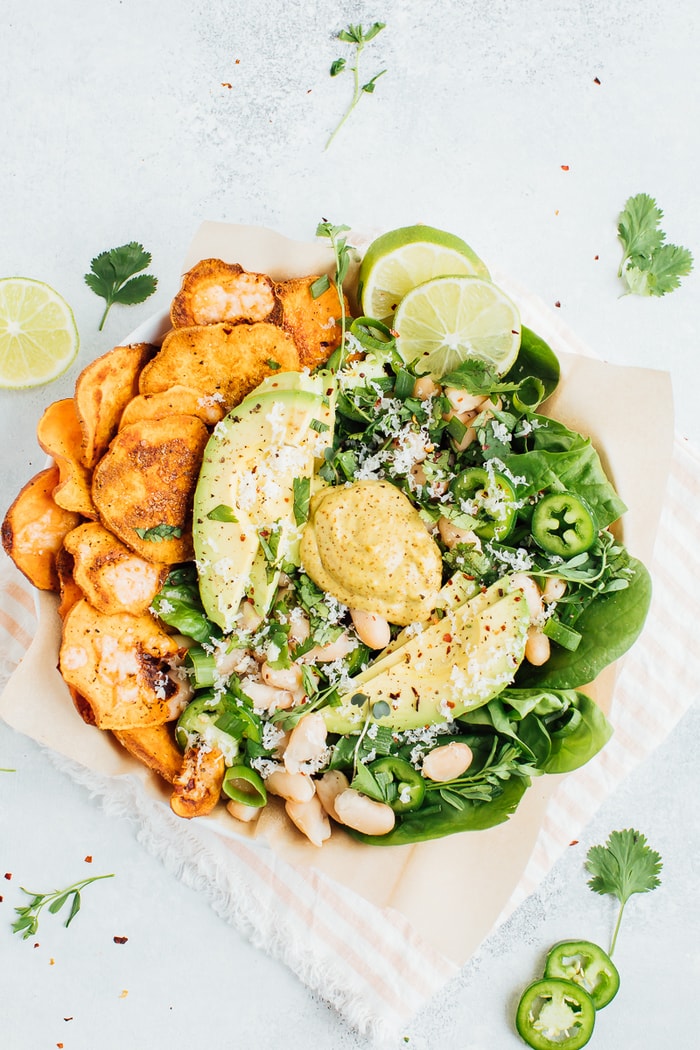 PIN this recipe for Loaded Sweet Potato Nacho Bowls! A bowl of loaded sweet potato nacho salad.