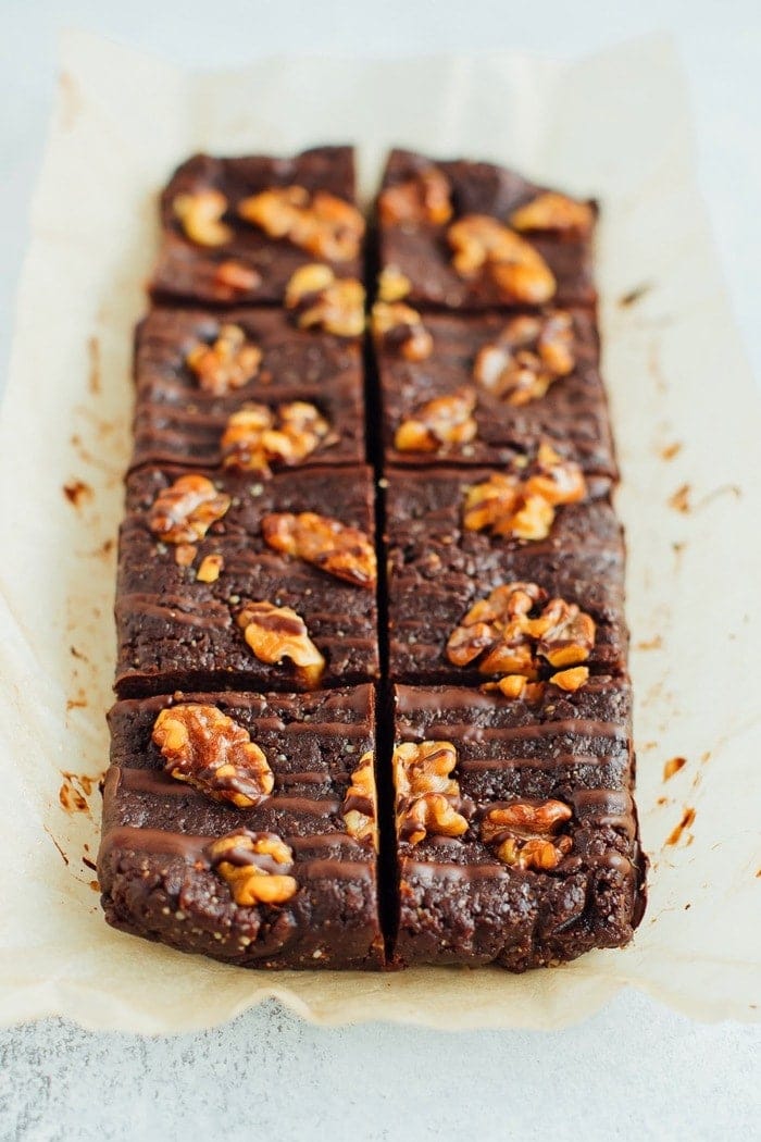 PIN THIS --> 5-Ingredient No Bake Brownies No bake brownies topped with walnuts and a chocolate drizzle.