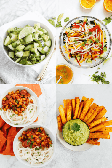 A collage of four images of recipes that all relate to using Jicama.
