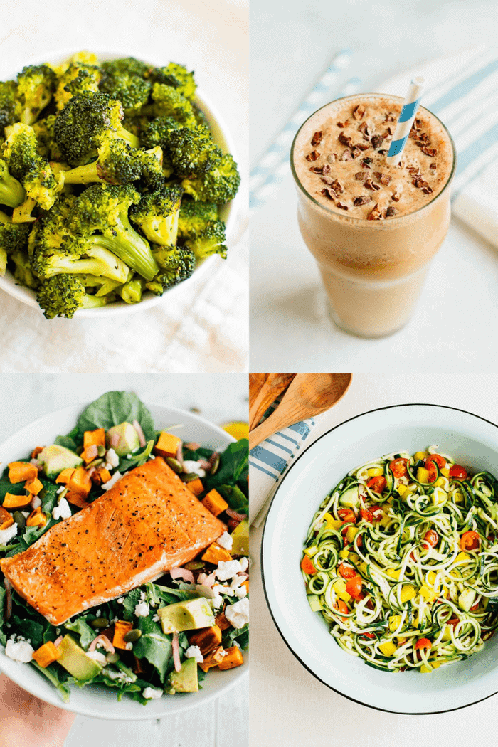 PIN THIS--> 14 Ways to Eat More Vegetables Four photos in a collage. Top left, a bowl of roasted broccoli, top right, a glass of a chocolate malt smoothie, bottom left, a plate with a salmon salad, bottom right, a bowl with zucchini noodle spaghetti salad.