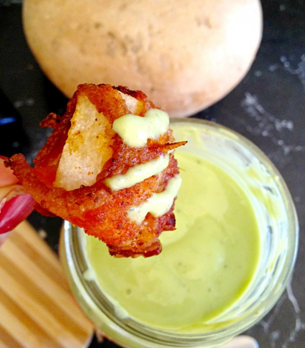 PIN THIS--> 12 Healthy Jicama Recipes Hand dipping bacon wrapped jicama into a creamy dip.