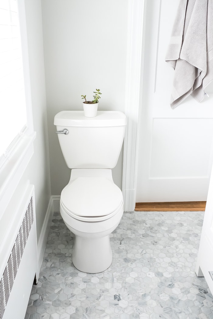 Renovated bright small bathroom with marble hexagon tile floors.