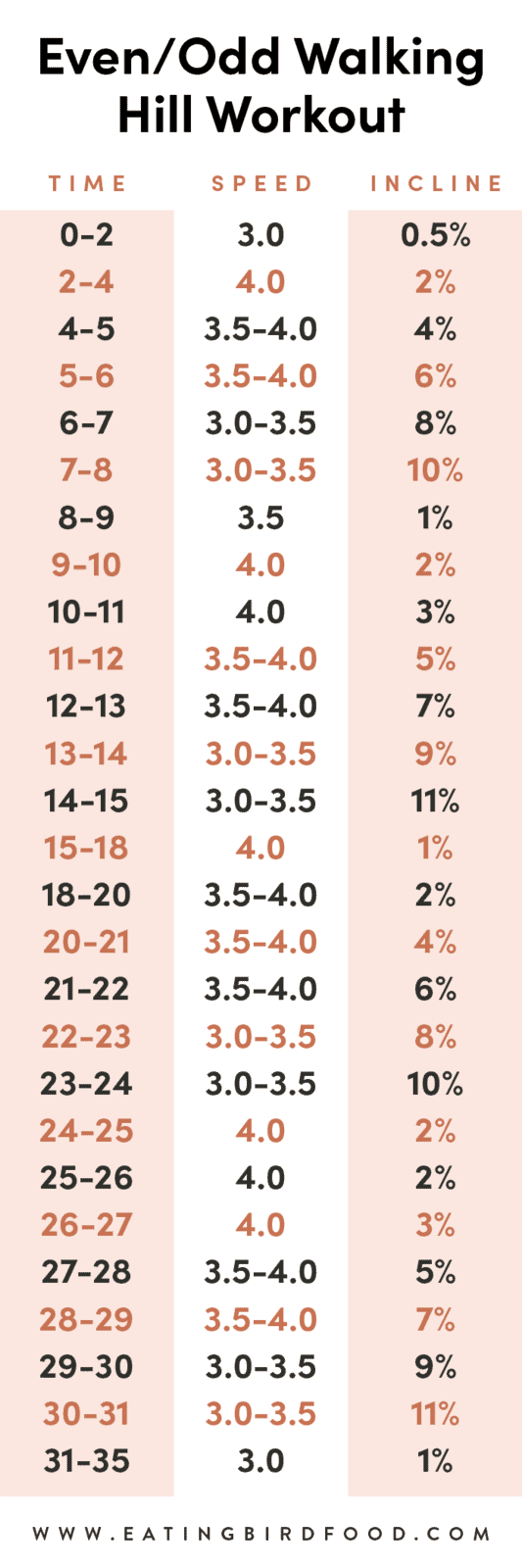 A easy walking workout sheet with statistics for time, speed, and incline.