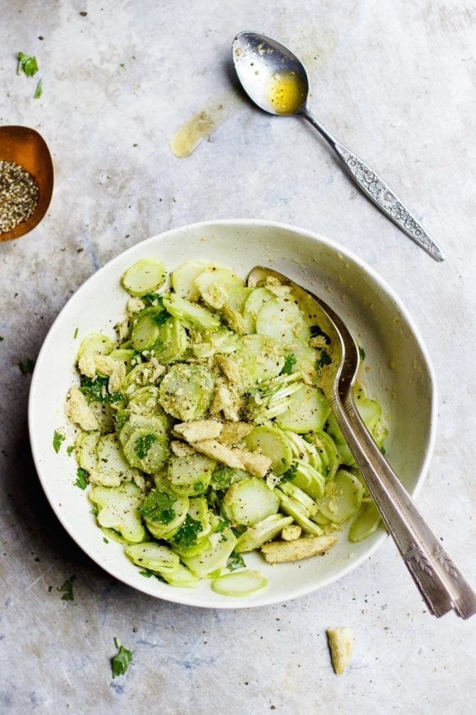 Broccoli stem salad with black pepper.