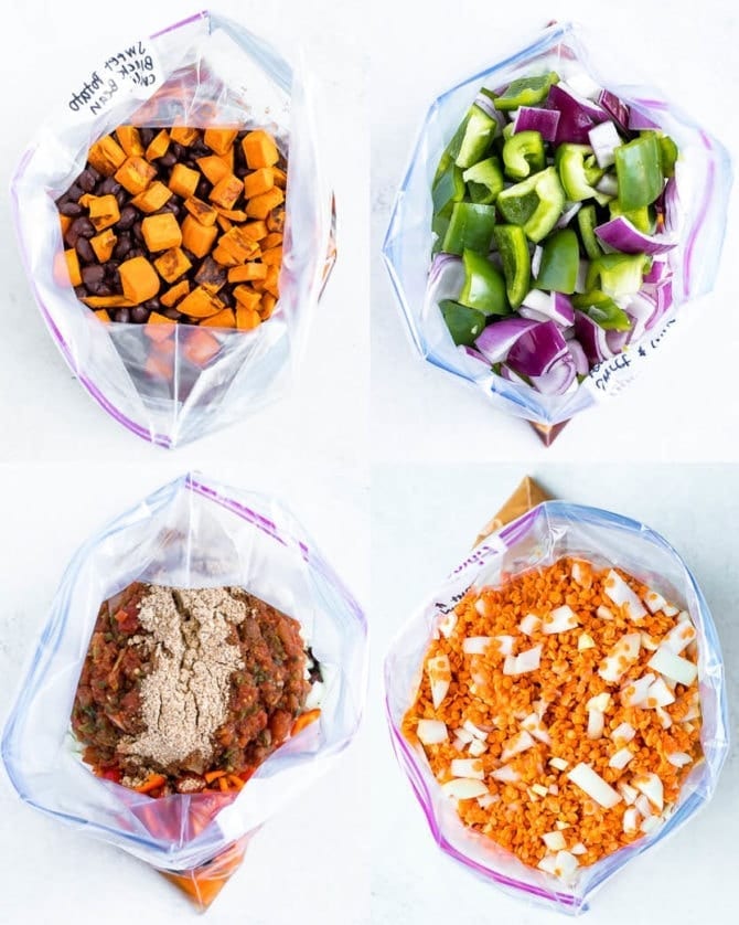 4 freezer bags with vegetarian freezer meals. Freezer meals include vegetarian chili, sweet and sour tempeh, Mexican quinoa bake, and red lentil butternut stew.