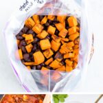 Photos of freezer meal chili in a gallon bag, slow cooker and bowl.