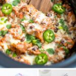 Cheesy Mexican Quinoa Casserole in a slow cooker, freezer bag and bowl.