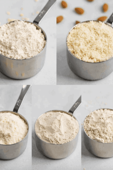 Various images of different flours in measuring cups.