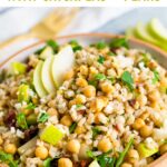 Bowl of barley salad with chickpeas and pear.