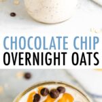 Two photos of jars of overnight oats topped with chocolate chips and a peanut butter drizzle.
