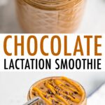 Two photos of a chocolate banana smoothie in jars. One is topped with peanut butter drizzle, cacao nibs, and banana slices. The other has just peanut butter, cacao nibs and a metal straw.