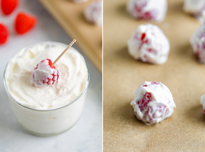Photo of a raspberry on a toothpick getting dipped in yogurt, and the yogurt covered raspberries on a sheet with parchment paper.