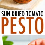 Two photos: one is a glass jar full of sun dried tomato pesto. The second photo is the pesto on a slice of bread with a bite taken out of it.