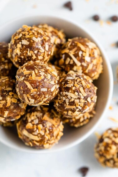Samoa energy balls served in a white bowl.