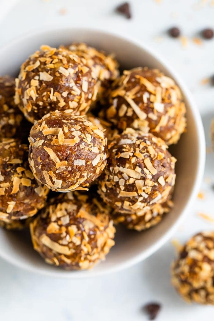 Samoa energy balls served in a white bowl.